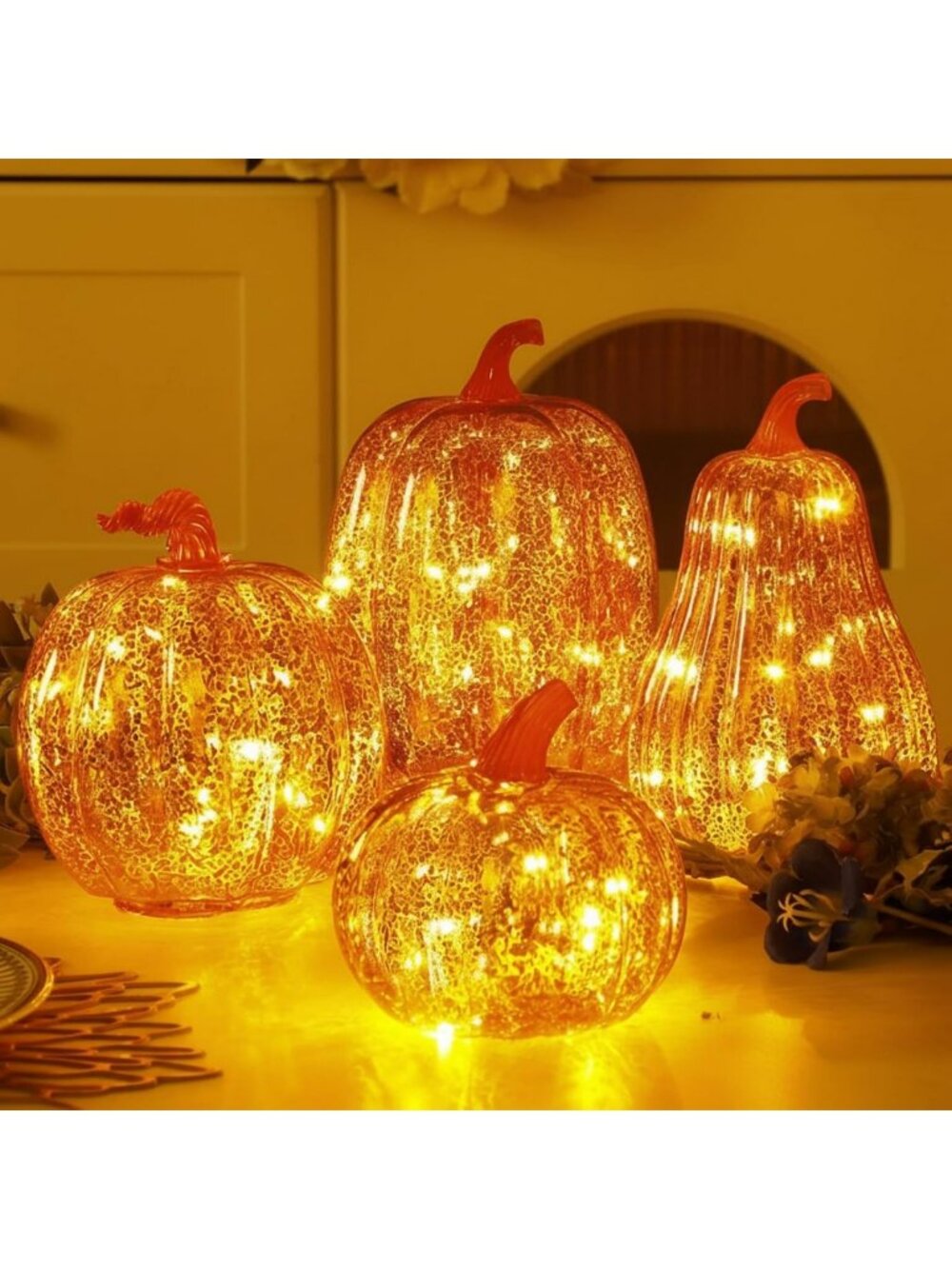 Set of 4 Lighted Mercury Glass Pumpkins for Fall Thanksgiving Decor - Orange